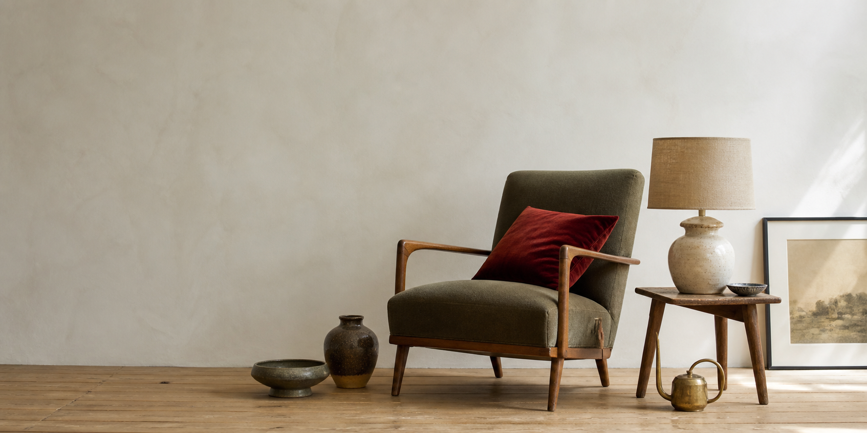 Illustrative interior setting with a vintage chair, lamp and assorted decorative finds
